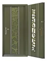 鑄鋁雙玄關門組323:青銅砂主門片配金色不規則石紋鑄鋁飾板,外門為直式捲草鑄花窗