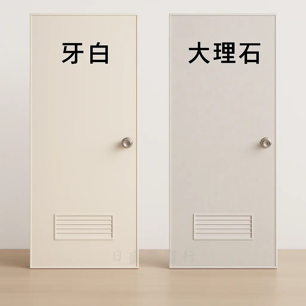 塑鋼門:牙白與大理石紋兩片素面塑鋼門片並排,下方百葉通氣窗