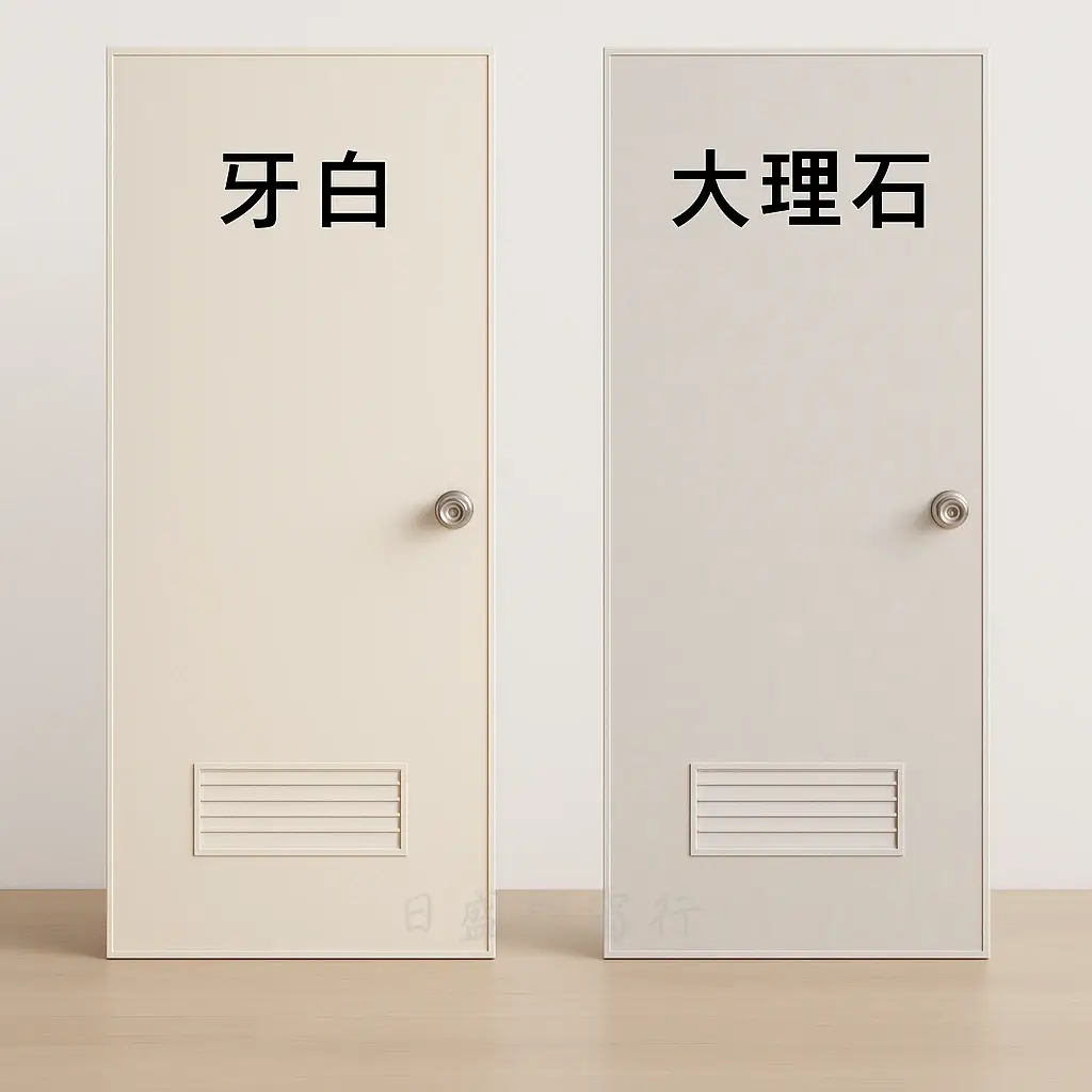 塑鋼門:牙白與大理石紋兩片素面塑鋼門片並排,下方百葉通氣窗