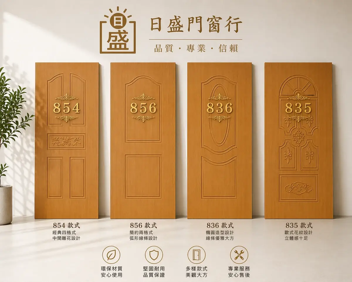 浮雕門:四片淺木色浮雕門片並排,854、856、836、835 四種線板款式,背景是米色展示牆