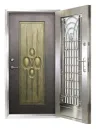 不鏽鋼雙玄關門組703:混棕色主門片中央一塊金色直紋鑄花飾板,外門為不鏽鋼放射線條格柵