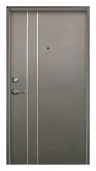 直卡門組:淺灰砂平面門片配兩道銀色直線,銀色喇叭鎖與輔助鎖